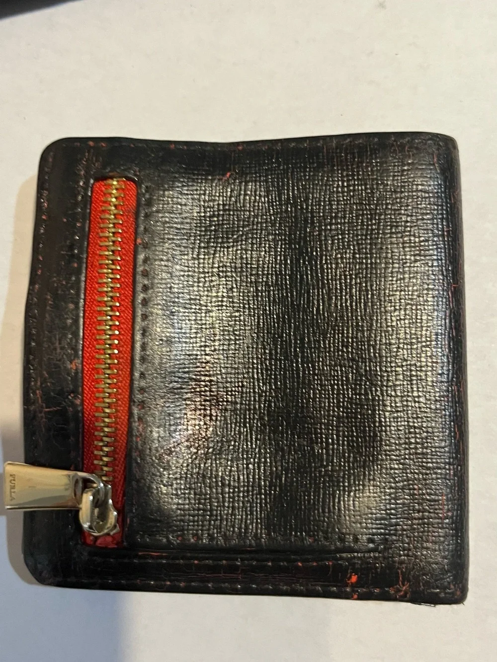 Furla Leather Bifold Wallet in Dark Brown with Red Accents
